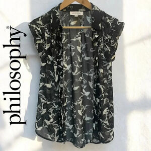 78%OFF❣️Philosophy Sheer B&W Abstract Horse Print Button Short Sleeve Blouse, XS